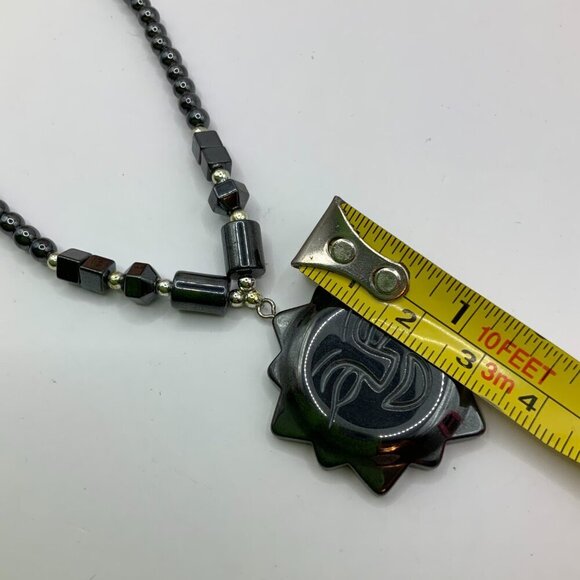 Hematite Etched Smiling Sun Celestial Pendant Statement Necklace - Picture 7 of 8